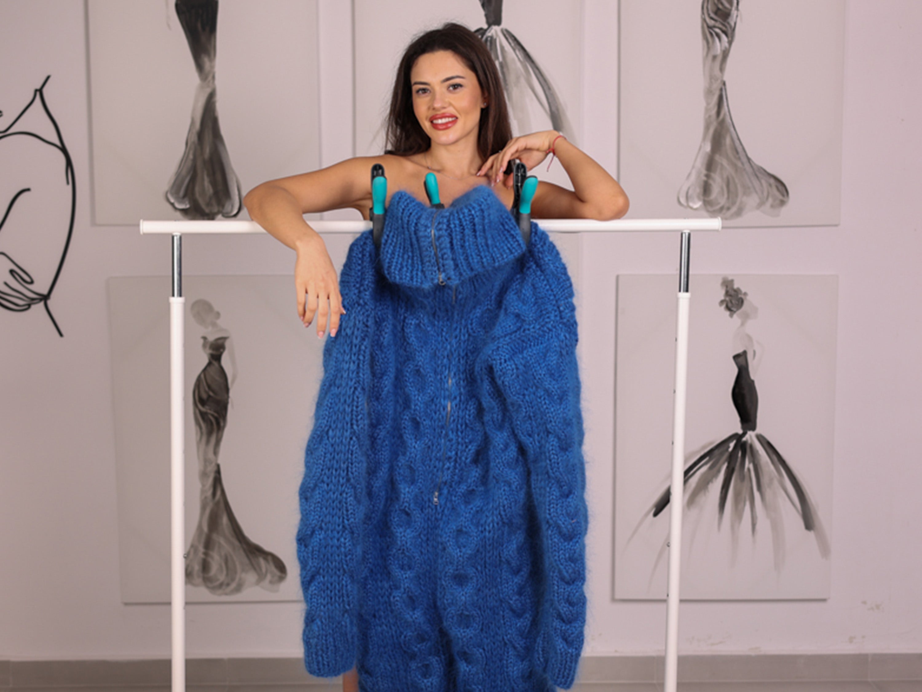 Blue Mohair Catsuit – Fluffy Hand-Knitted 5-Strand Full Body Suit