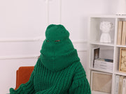 Grüne gerippte Sturmhaube aus Strickwolle, Vollkopfmaske, Übergroßer Nackenwärmer T2256