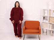 Alpaka-Strickhose Burgund, gebürstete Textur, hohe Taille, lässige Passform T2263