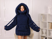 Kapuzenpullover aus Wolle und Alpaka, oversized Grobstrick, marineblau, T2273