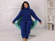 Melierter Alpaka-Pullover und Hose in Blau, gebürsteter Strick, Oversized T2269