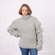 Grauer peruanischer Alpaka Reisstich-Pullover, sehr grob, schwer, handgestrickt, Rollkragen T2082
