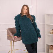 Pullover aus gebürstetem Mohair, Grobstrick, Oversized Rundhals-Pullover, Dunkelgrün, T2164