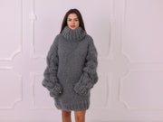 Gray Melange Mohair Alpaca Chunky Oversized Turtleneck Sweater T2326