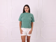 One available in size XS, Green Yak Blend Short-Sleeve Hand-Knit Sweater T2319