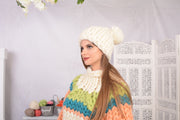 Weiße Merinowollmütze – Handgestrickte grobe Pom-Pom-Mütze für Damen T726