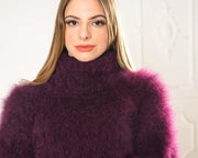 Handgestrickter Suri-Alpaka-Pullover, Lila flauschiger Wolljumper T989W