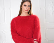 Roter Suri Alpaka Pullover, flauschiger Strickpullover, Nicht-Mohair Garn T956