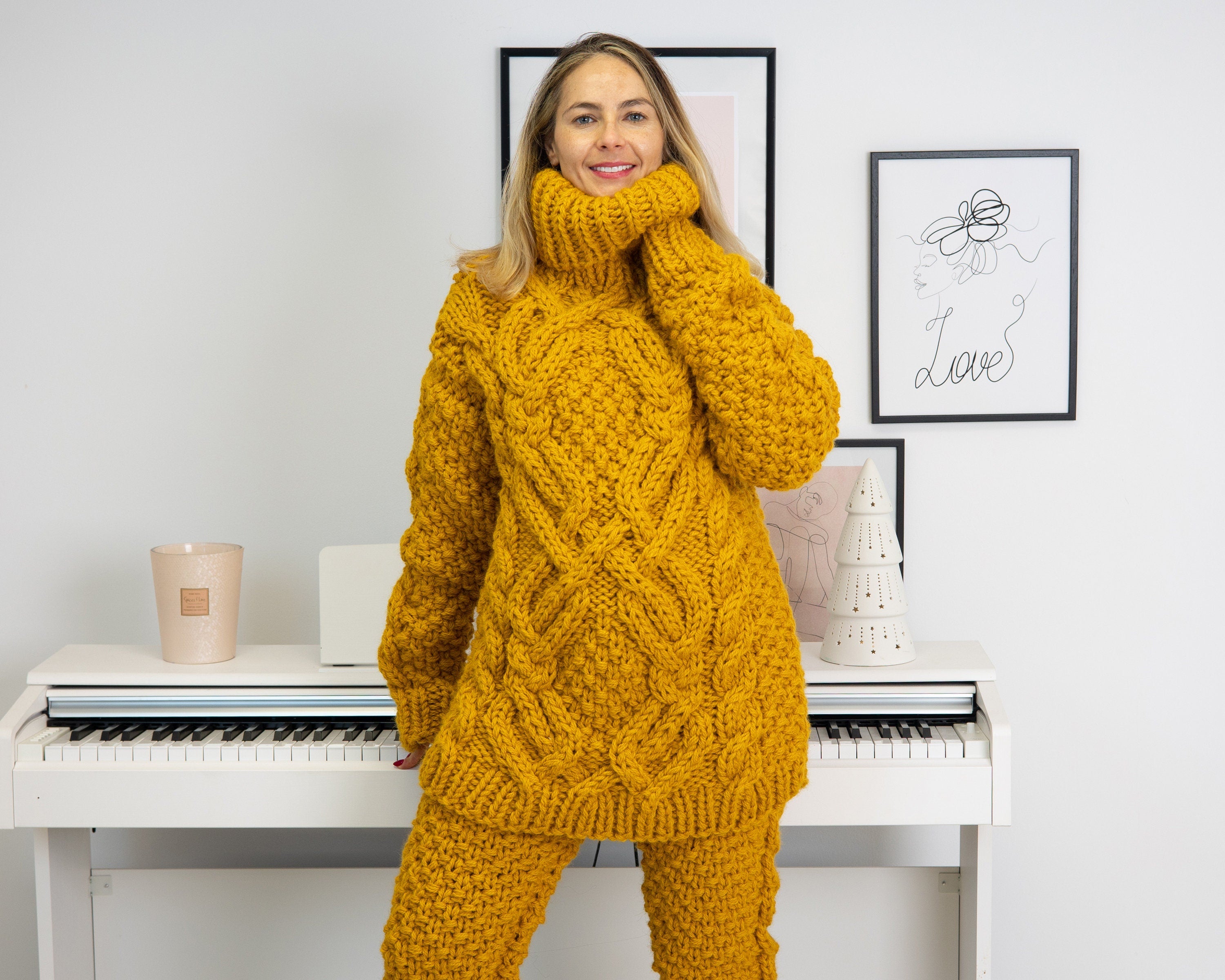 Tiffy Mohair Yellow Raw Wool Cable Turtleneck T1313