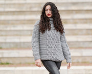 Handgestrickter Baby-Alpaka-Merinowolle-Pullover, Grobstrickpullover mit Zopfmuster T1389