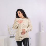 100 % Alpaka Zopfmusterpullover, handgestrickter, superweicher, grob gestrickter Rundhalspullover T1642