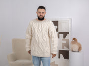12-fädiges Alpaka- und Merinogarn Herrenpullover – Handgestrickter cremefarbener Zopfmuster-Pullover T1673