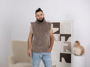 Beige Flauschige Kid Mohair Weste – Handgestrickter Fuzzy Herrenpullover T1680