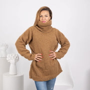 Pull en Alpaga Beige Tricoté à la Main avec Col Roulé Extra Long de 50cm, T1745