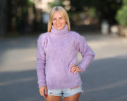 Pull violet italien en mohair – Tricoté main douillet moelleux T1762