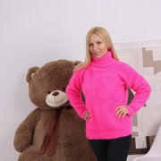 Pull Col Roulé Rose Vif en Alpaga, Doux et Moelleux, Tricoté Main, Extensible T1831