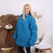Blauer grob gestrickter Pullover aus Merinowolle, handgestrickter, übergroßer, gemütlicher Pullover T1847