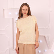 Pull d'été léger tricoté main en mohair crème à manches courtes T2015