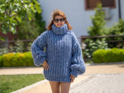 8-fädiger Chunky Blauer Mohair-Wolle-Mix Pullover – Handgestrickter Pullover T1227