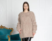 Zopfmuster Mohairpullover – Handgestrickter klobiger, übergroßer Rundhals-Pullover T644W