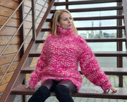 Pull en mohair rose 8 brins – Tricoté main point de riz effet duveteux T950