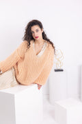 Locker gestrickter Mohair-Pullover – Handgestrickter englischer Rippstrick Oversize V-Ausschnitt Fischerpullover T1547