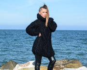 12-fädig schwarzer Mohair-Pullover – Handgestrickter Oversized Rollkragenpullover T676