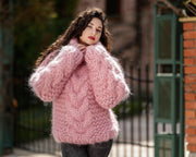 20-Faden dicker Mohairpullover – handgestrickter blauer klobiger Zopfmusterpullover T1399