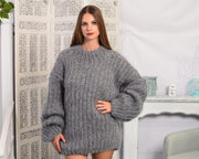 Pull Gris en Mohair Côtelé – Tricoté Main, Doux, Épais, Style Pêcheur T794W