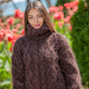 Brauner Mohairpullover – Handgestrickter Zopfmuster Oversized Rundhalspullover T365