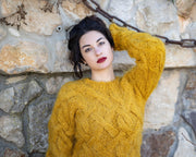 Senfgelber Mohair-Wollpullover – Handgestrickter weicher leichter Freizeitpullover T565