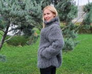 Suri Alpaka Pullover, handgestrickter flauschiger grauer Jumper, nicht gebürstet, kein Mohair Pullover T925