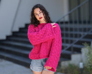 Pull en dentelle rose, fait main en alpaga mérinos avec manches cloche T1777