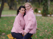 Pull 15 fils en alpaga, mohair et laine mérinos, tricoté main, rose brossé T1127