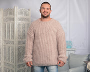 Handgestrickter beiger Mohairpullover – dicker, weicher gerippter Oversize-Herrenpullover T795M