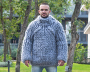 Flauschiger 40-Faden Mohairpullover – Extradicker handgestrickter grauer Pullover T880M