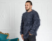 Pull gris en mohair pour hommes – Tricoté main en grosse laine, unisexe T641M