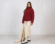 Wollpullover Weinrot Zopfmuster, Handgestrickter Grobstrick-Wollpullover T972