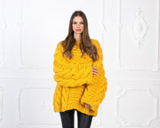 Pull en laine tricoté main à motifs torsadés jaune – 100 % laine T961