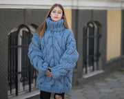 5-fädig dicker blauer Wollpullover – riesiger handgestrickter, klobiger Oversized-Pullover T1027