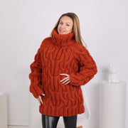 Orange 3-Strand 100% Wool Cable Turtleneck T1786