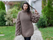 Dicker Wollpullover – Handgestrickter Pullover mit Puffärmeln T1103