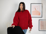 Wollpullover Rot Fischerrippenstrick, handgestrickter warmer Wollpullover T1166