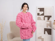 5-fädig dicker rosafarbener Wollpullover – Massiver Zopfstrick-Wollpullover T1665