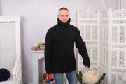Schwarzer gerippter Wollpullover – Handgestrickter klobiger Oversize-Rollkragenpullover für Herren T711M