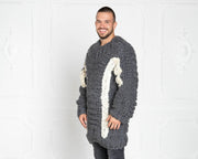 5-fädiger handgestrickter grauer Wollpullover – Grober Zopfmuster-Pullover T633M