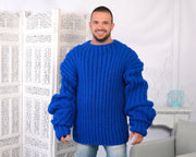 Blue 2-Strand Soft Wool Ribbed Extra-Long Sleeve Sweater T781M