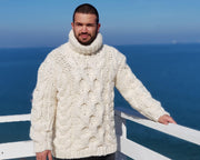 Handgestrickter cremefarbener Wollpullover – Grobstrick-Zopfmuster Oversize Pullover T657M