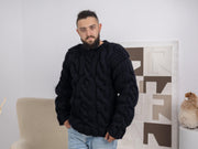 Chunky Black Wool Sweater – 5-Strand Hand-Knitted Cable Knit Men’s Pullover T1668M