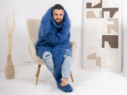 Oversized blauer Mohairpullover – 6-fädiger handgestrickter Wollmischpullover mit extra langen Ärmeln T1672